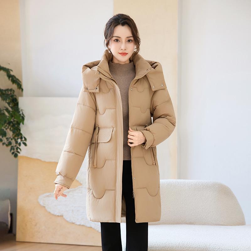 Loose medium and long mother cotton-padded clothes, hooded drawstring cotton-padded clothes, middle-aged and elderly winter coats, street stalls, phy