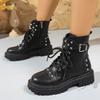 Rivets Decor Platform Ankle Boots Women Fashion Buckle Lace Up Zippers Combat Boots Woman Balck Pu Leather Motorcycle Shoes 42