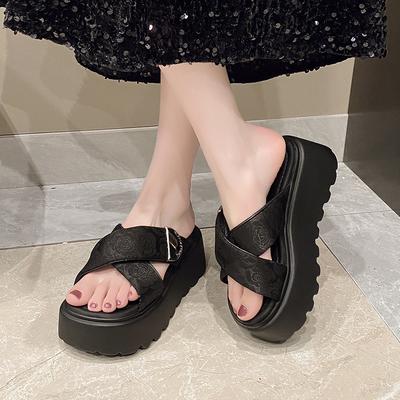 Женские летние шлепанцы на высокой платформе 7,5 см, парусиновые клиновидные сандалии-слайды, милые сандалии на массивной подошве с открытым носком, пляжные шлепанцы