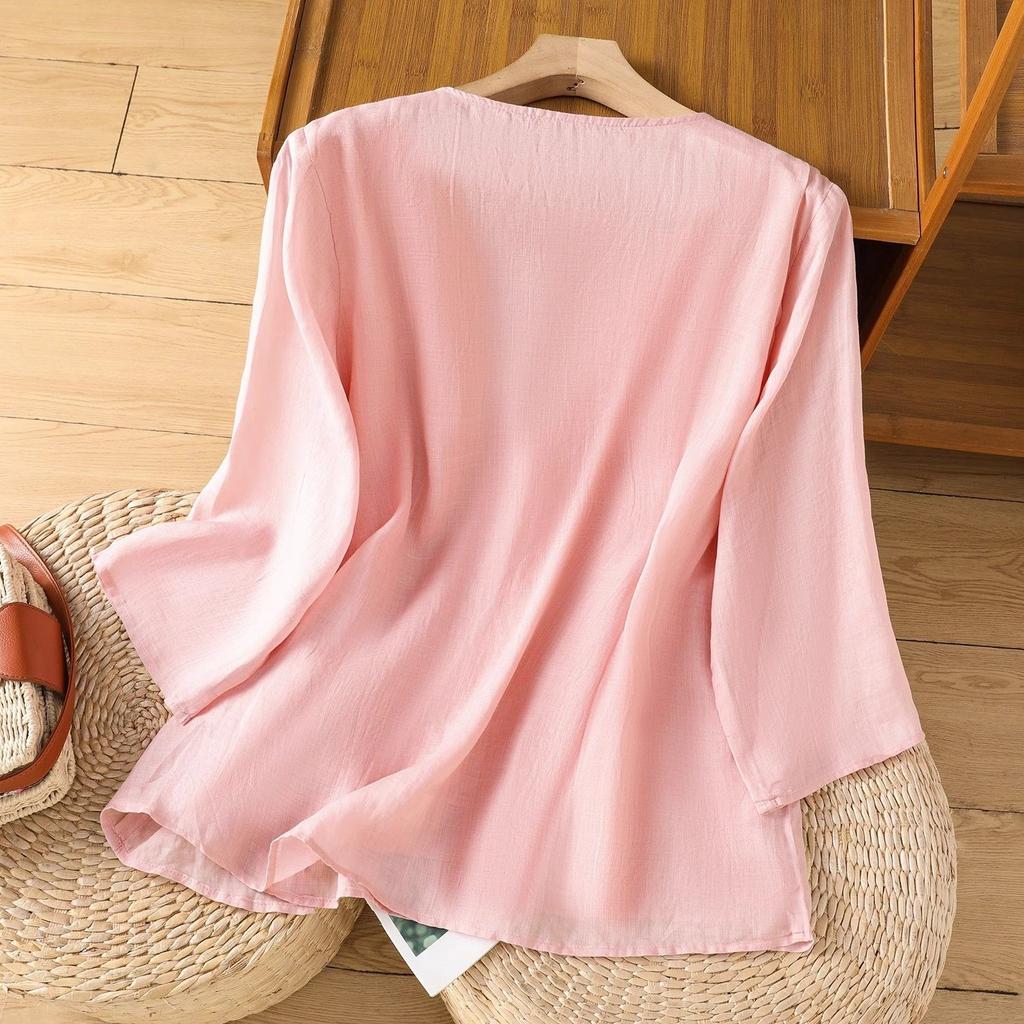 Ретро футболка с круглым вырезом из хлопка и льна с вышивкой для женщин на лето Новая свободная и элегантная темпераментная футболка с рукавом пять четвертей