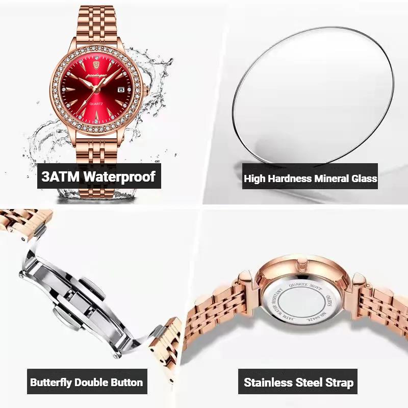 POEDAGAR Роскошные элегантные женские кварцевые часы с бриллиантовым циферблатом, повседневные, из нержавеющей стали, светящиеся, водонепроницаемые женские часы