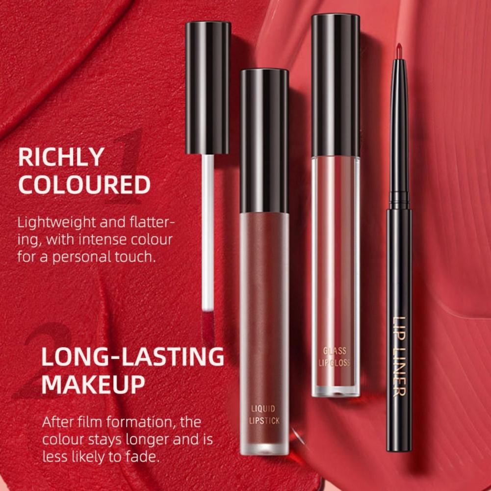 Набор для макияжа губ, блеск для губ, жидкая помада и карандаш для губ 3 шт.