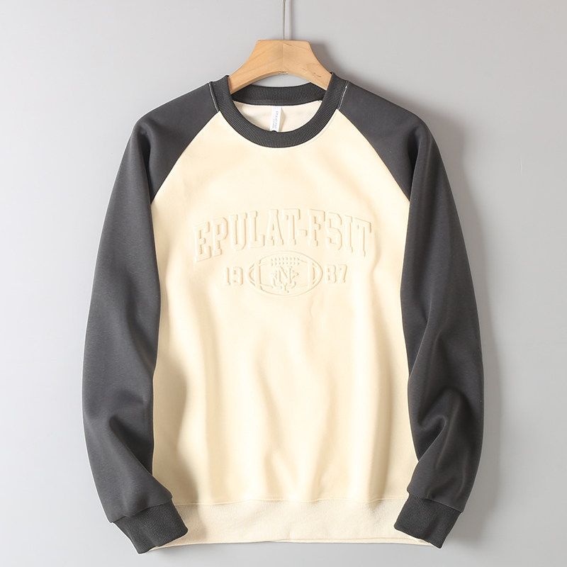 Men's Export Surplus Color-Blocked Raglan Sleeve Crewneck Pullover Sweatshirt with 3D Embossed Design for Spring and Autumn Casual Sports Wear