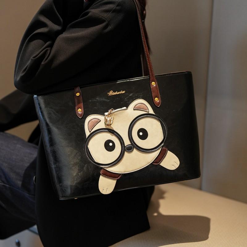 Women'S Large Capacity Red Tote Bag With Cute Panda Face Heart Cutouts Casual Outing Bridal Party Accessory Playful Design Fashion Handbag Lovers