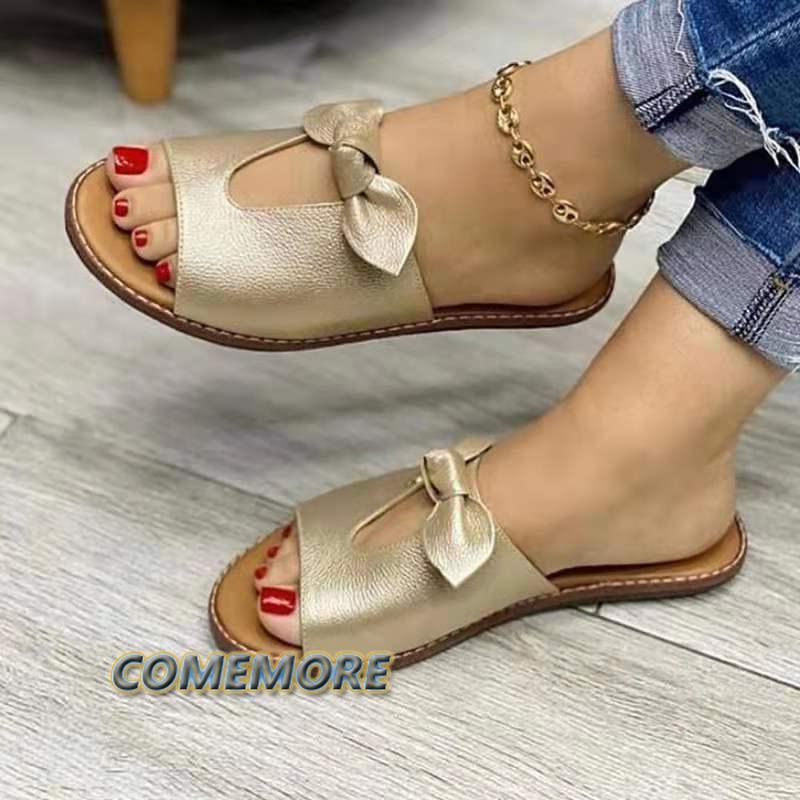 Летние женские повседневные модные сандалии-балетки с бантом, сандалии, удобные, на мягкой подошве, женские дышащие пляжные золотые тапочки, большой размер