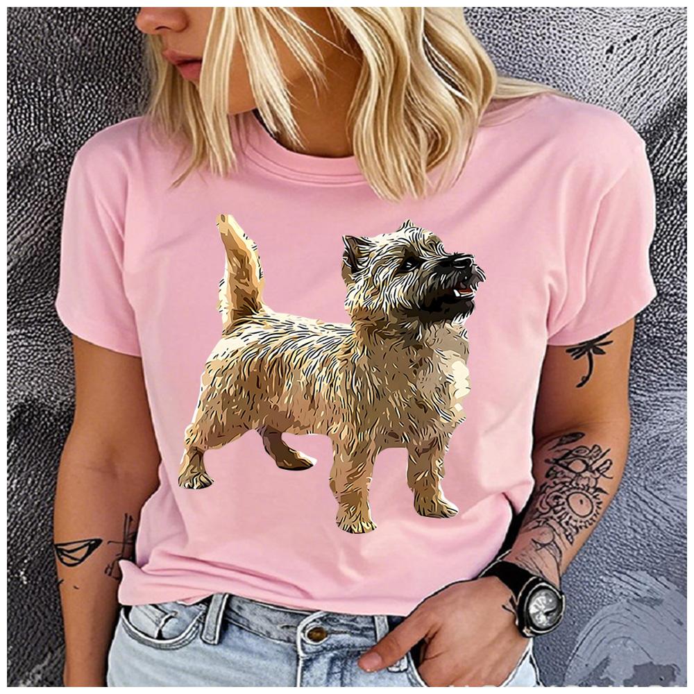 Polyester 100% Standing Cairn Terrier Wirehaired Dog Print Women T Shirt Cute Terrier Puppy Graphic Pet Lover Casual Short Sleeve T