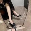 Champagne Bow Beautiful High Heels Women's Spring and Autumn Thin Heel Satin Rhinestone French Temperament Single Shoes Bridal Wedding Shoes