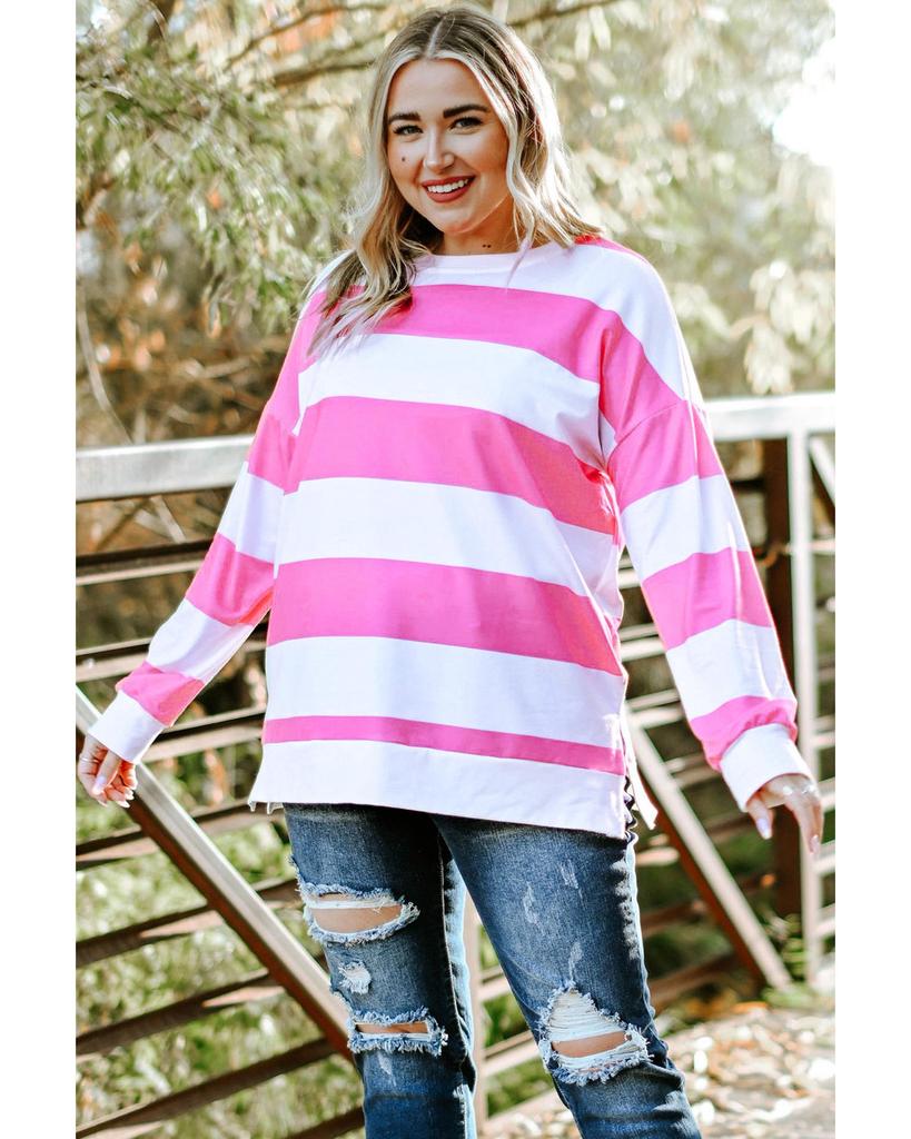Azura Exchange Pink Striped Side Slit Plus Size Sweatshirt
