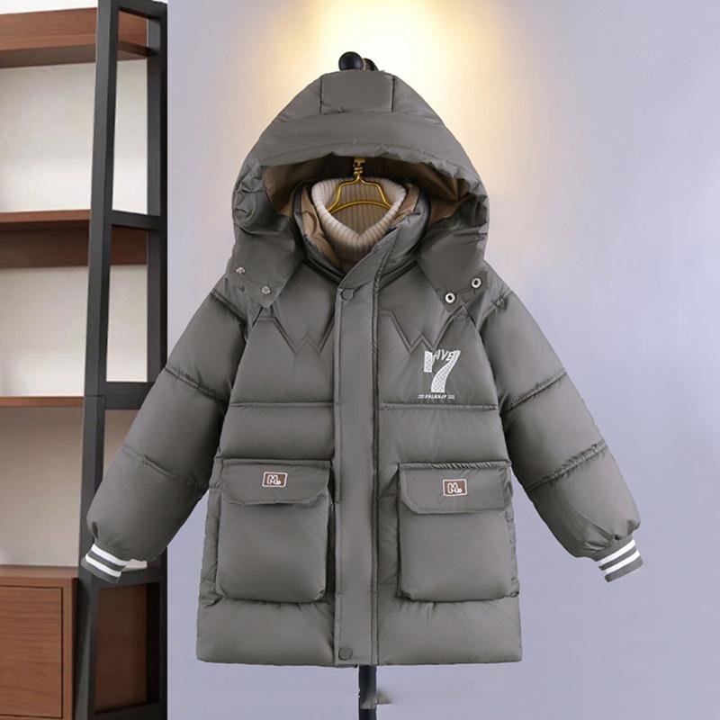 Winter Teen Boys Jacket Letter 7 Print Lined With Velvet Thick Warm Hooded Zipper Parka Coat For 6-14Y Kids Cotton Outwear