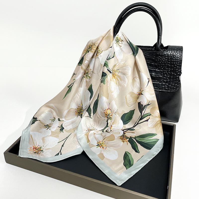 Fresh and literary magnolia flower satin square scarf versatile temperament small silk scarf women's spring and summer new models with small heads