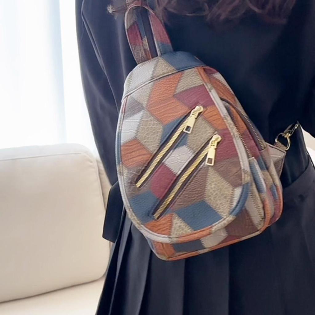 Нагрудная сумка с цветными блоками, женский рюкзак из мягкой кожи, уличный дорожный рюкзак с двойной молнией