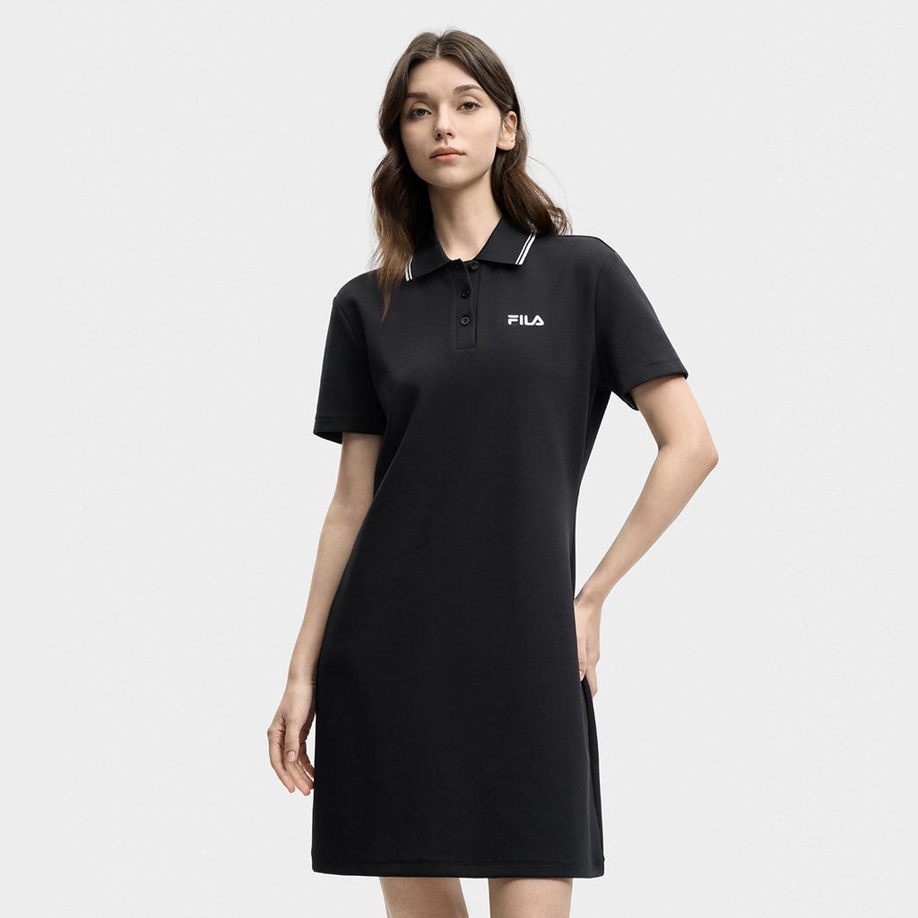Fila Оригинальное Модное Простое Базовое Классическое Ретро Повседневное Свободное Универсальное Удобное Платье с Воротником Поло с Коротким Рукавом Женские платья Черное F51W629306FBK