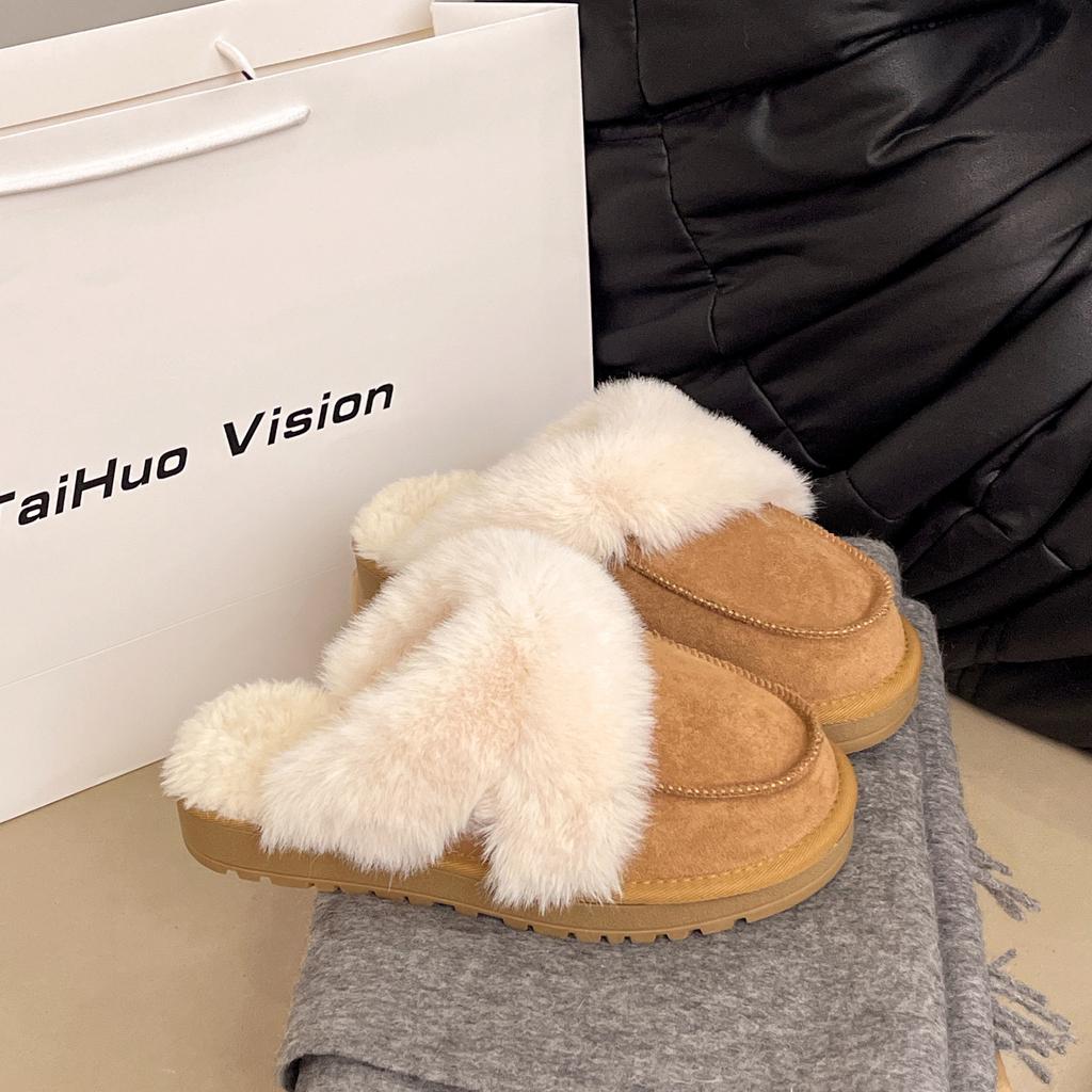 Тапочки Мао Мао женские носят новые удобные простые повседневные ленивые плюшевые тапочки-мешки с закрытым носком из шерсти сангпо женские