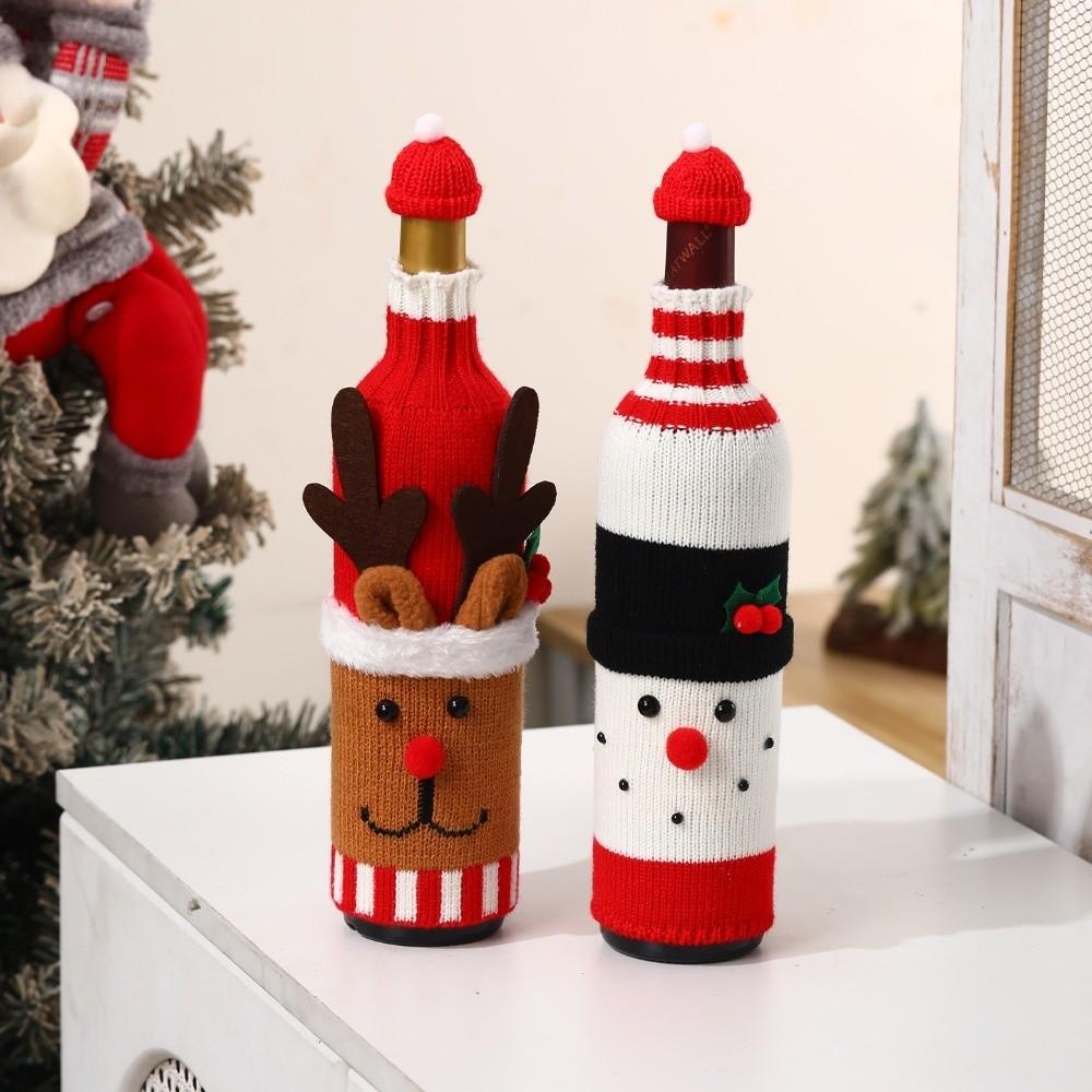 Elk Wine Bottle Cover with Mini Santa Hat Beer Bottle Cover Christmas Knitted Bottle Cover Gift