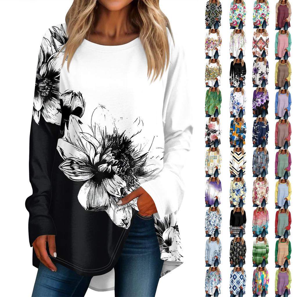 Women's Casual  Plus Size Long Sleeved Round Neck Printed T-shirt Top Pullover