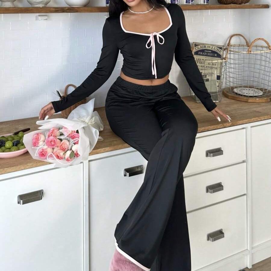 Spring Autumn Women Cardigan Sleepwear Solid Bow Trim Pajamas Set Casual Sexy Crop Tops and Long Trousers Loungewear Nightwear