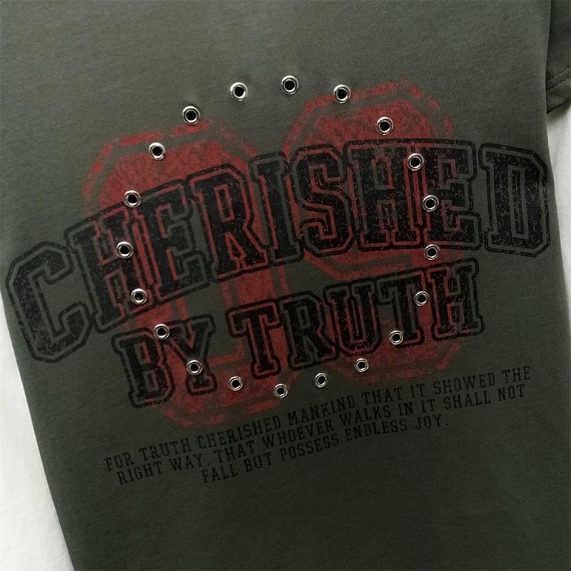 Mens Oversized Long Sleeve T-Shirt With Contrast Color Panel Distressed Letter Print Metal Ring Cutout Detail Streetwear Casual