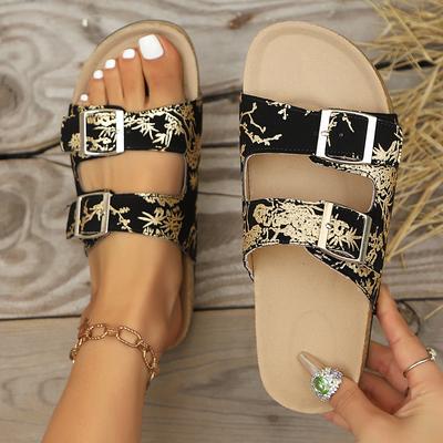 Летние праздничные женские тапочки с принтом для отпуска, путешествия, пляжные регулируемые сандалии с двумя пряжками, подушка, платформа, домашние тапочки для женщин