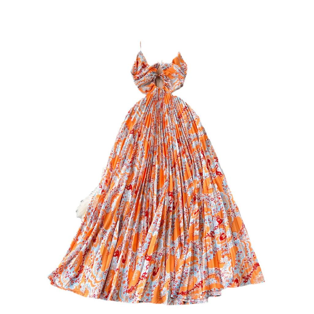 Summer Women's Pure Desire Sexy Holiday Heart Hollow Hanging Neck Halter High Waist Slim Printed Pleated Long Dresses