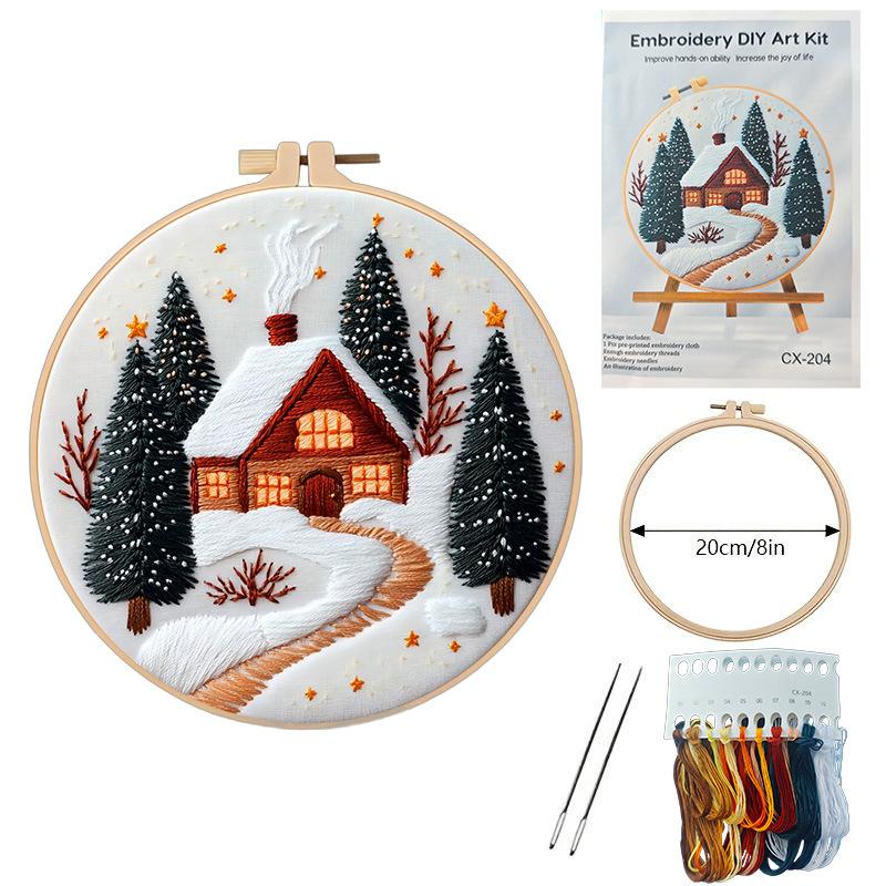 1set Christmas Cozy Cottage Kit DIY Embroidery Materials and Tools Suitable for Beginners, Stitching Tutorial, Hand Embroidery Fabric Material Set