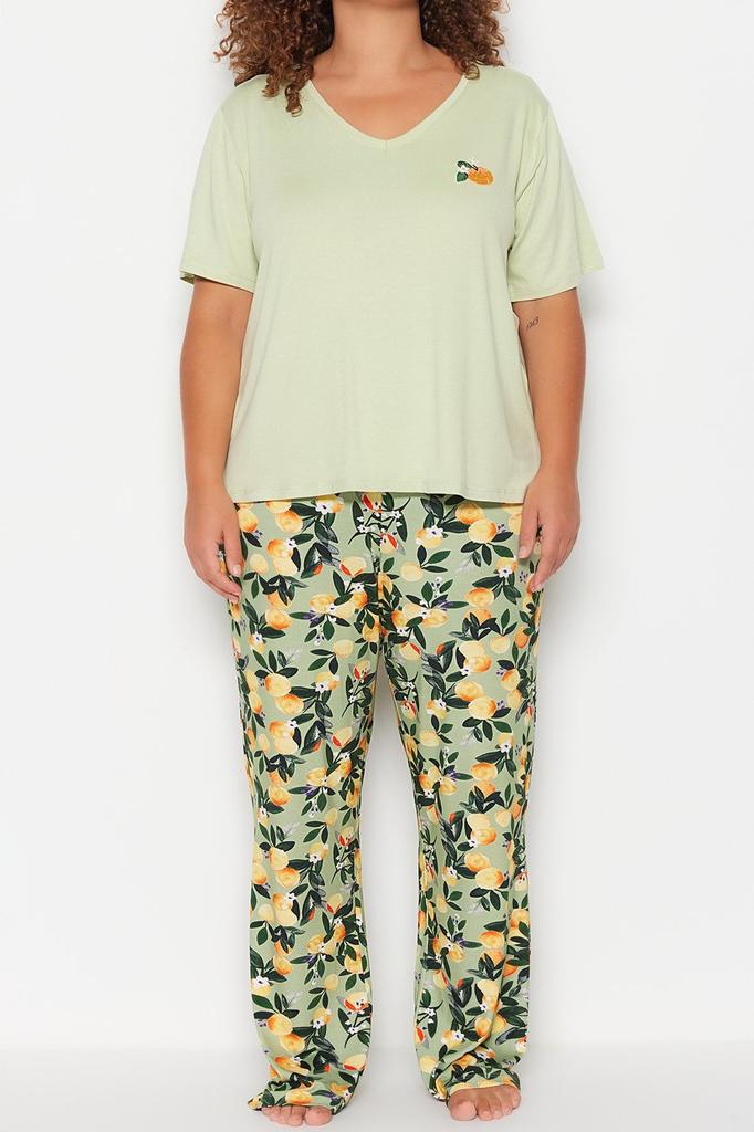 Женский стильный трикотажный пижамный комплект больших размеров с мятным принтом