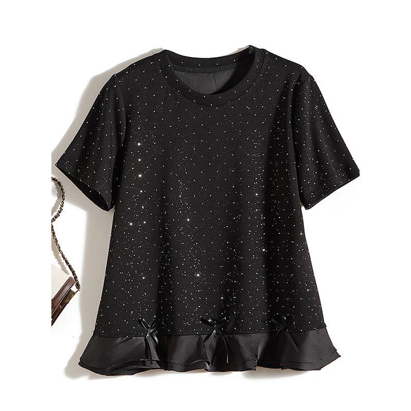 Is Drop-Shaped Diamond! Young Ins Women's Polyester Cotton Round Neck Pleated Fishtail Black Slim Looking T-shirt Spring, Summer, Autumn and Winter