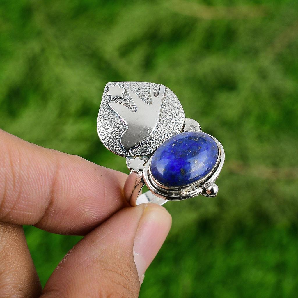 Natural Lapis Lazuli Gemstone Promise Adjustable Ring 925 Silver For Women