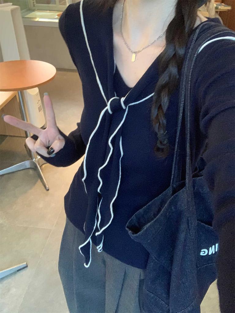 Navy collar short top women's spring and autumn new long-sleeved outer design shawl niche knitted sweater