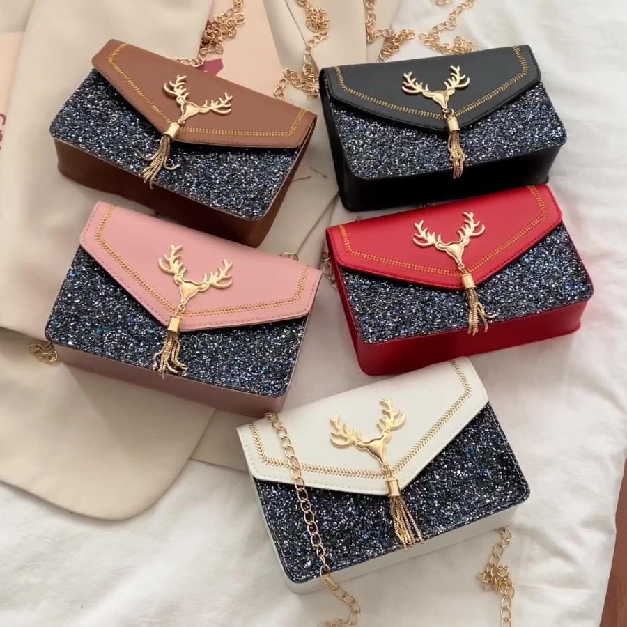 Korean Style Internet Celebrity Bag for Women, Small Deer Tassel Sequin Women's Bag, Women's Shoulder Small Square Bag