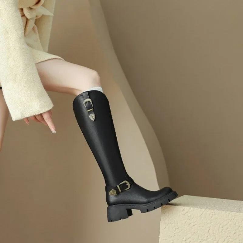 Распродажа модной женской обуви 2024 года, высококачественные женские ботинки с боковой молнией, осенне-зимние, с круглым носком, на высоком толстом каблуке, рыцарские сапоги