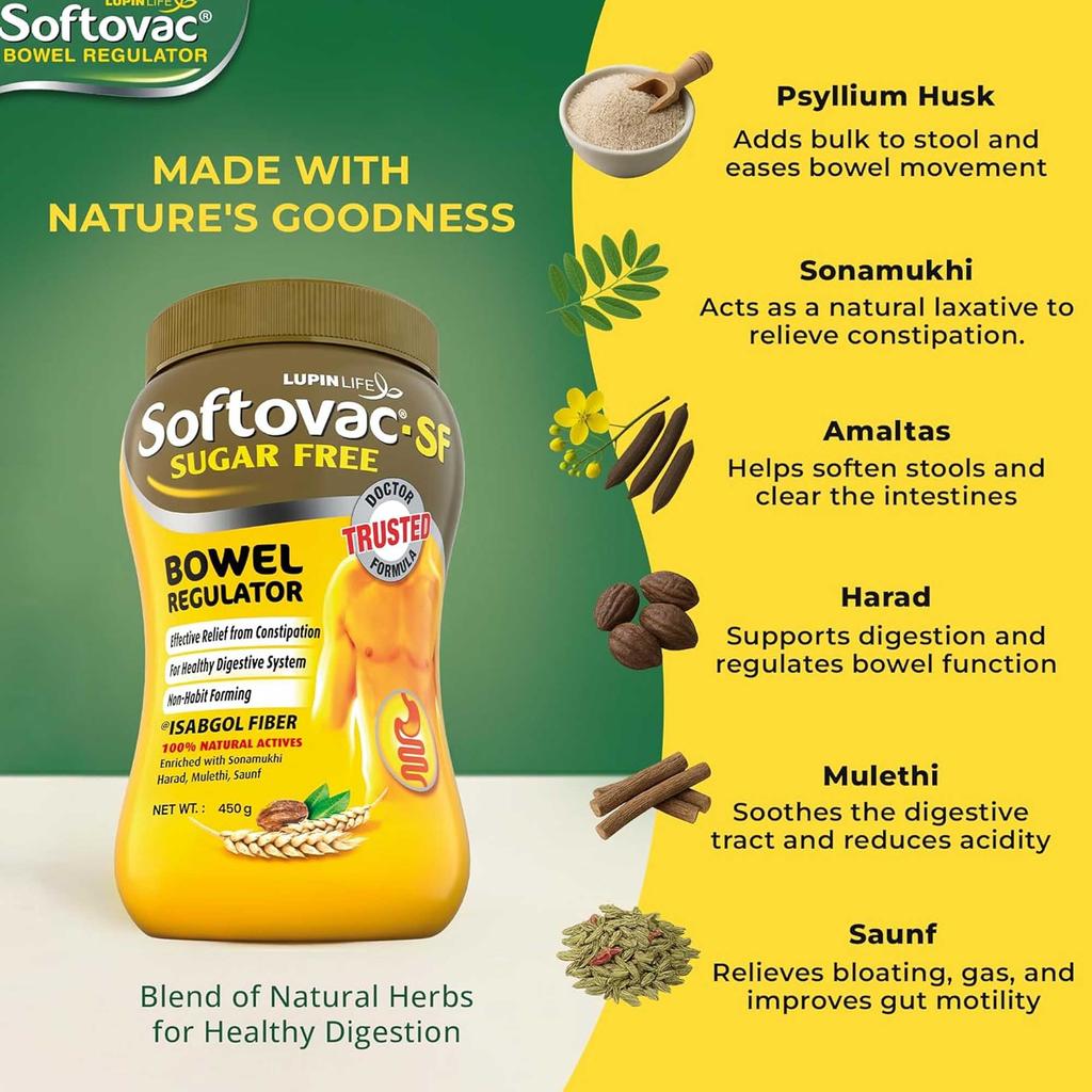 Softovac SF Isabgol Bowel Regulator Powder 450 G Sugar Free Gentle Digestive Support Relieves Constipation Bloating Promotes Healthy Gut for Adults