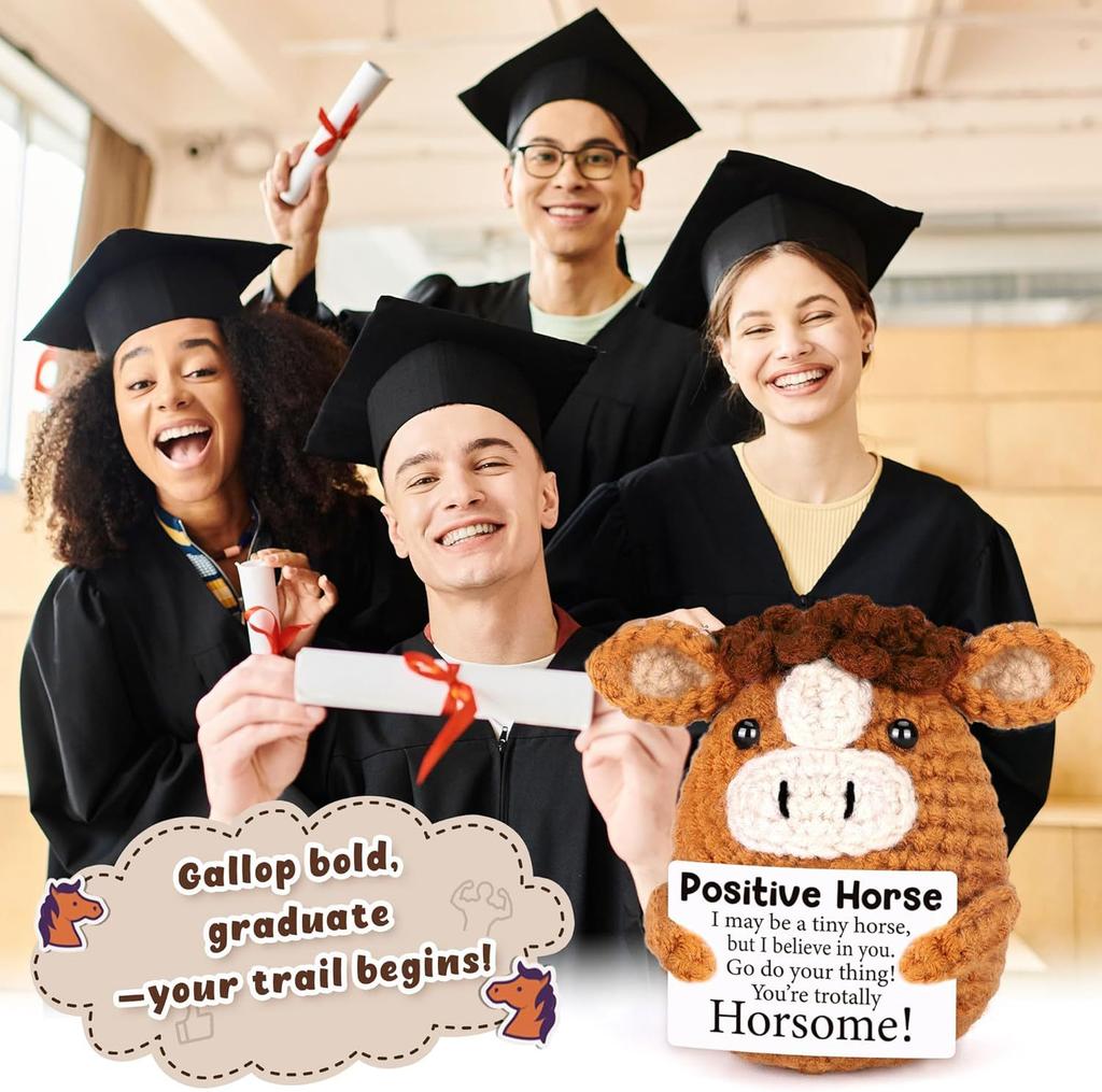 Funny Crochet Emotional Support Horse Doll With Card Desktop Ornament Handmade Knitted Horse Dolls Christmas Gifts Home Decor