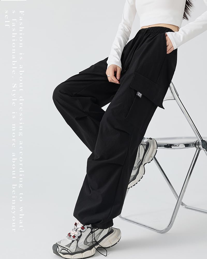 LUJPOIR Длинные брюки-карго с эластичным поясом и свободной посадкой, однотонные, женские, на осень, со шнурком, посадка, повседневные, посадка, цвет, весна, лето, -