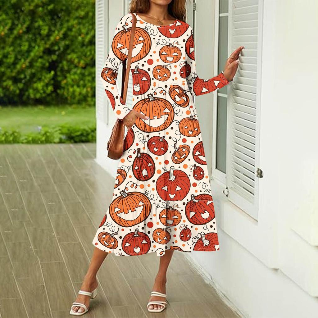 Женское повседневное платье с принтом на Хэллоуин, весна-осень, карман, круглый вырез, длинные рукава, платья