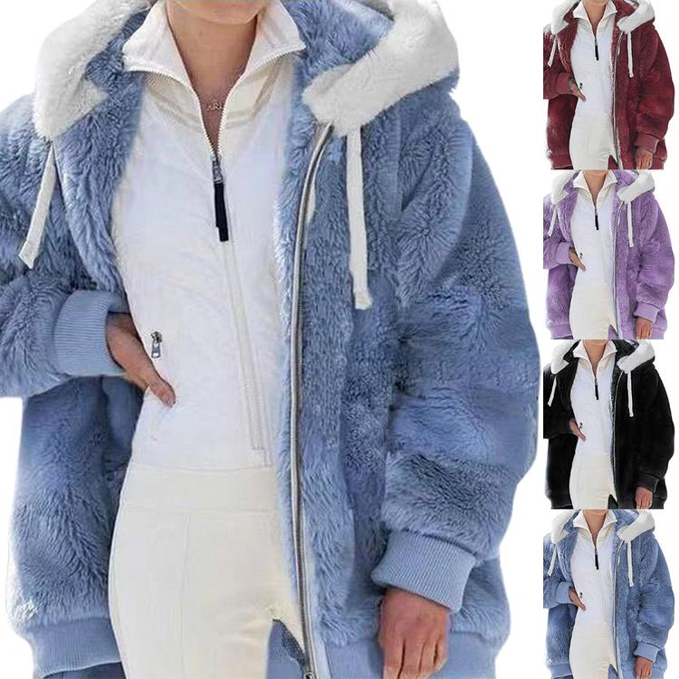 Autumn and Winter Women's Loose Plush Coat Casual Hooded Zipper Ladies Clothes Women Fleece Jacket Womens Solid Color Long Sleeve Hoodie Coat