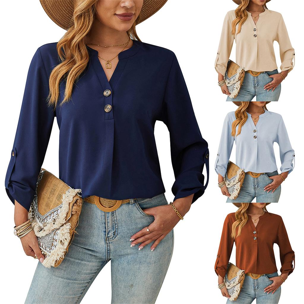 Women's Casual Button V-Neck Solid Color Long Sleeve Top