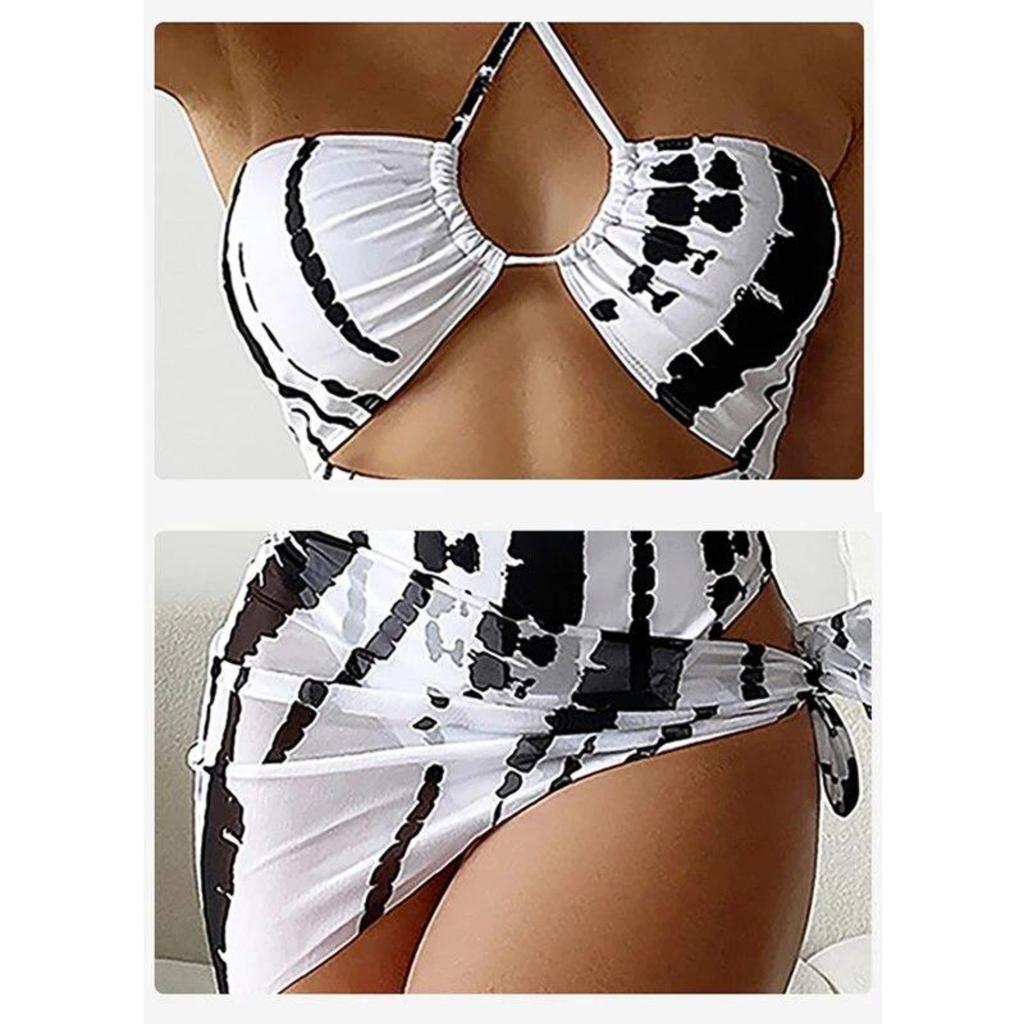 Женский сексуальный цельный цельный комплект с цифровым принтом и треугольной сеткой, комплект из трех предметов с ажурным купальником