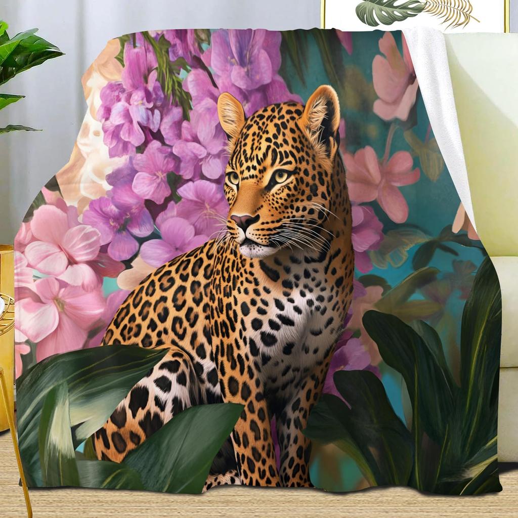 Leopard Print Blanket,Wild Animal Cheetah Throw Blanket,Flower Fleece Blanket for Couch Bed Sofa,Soft Warm Fuzzy Flannel Blanket