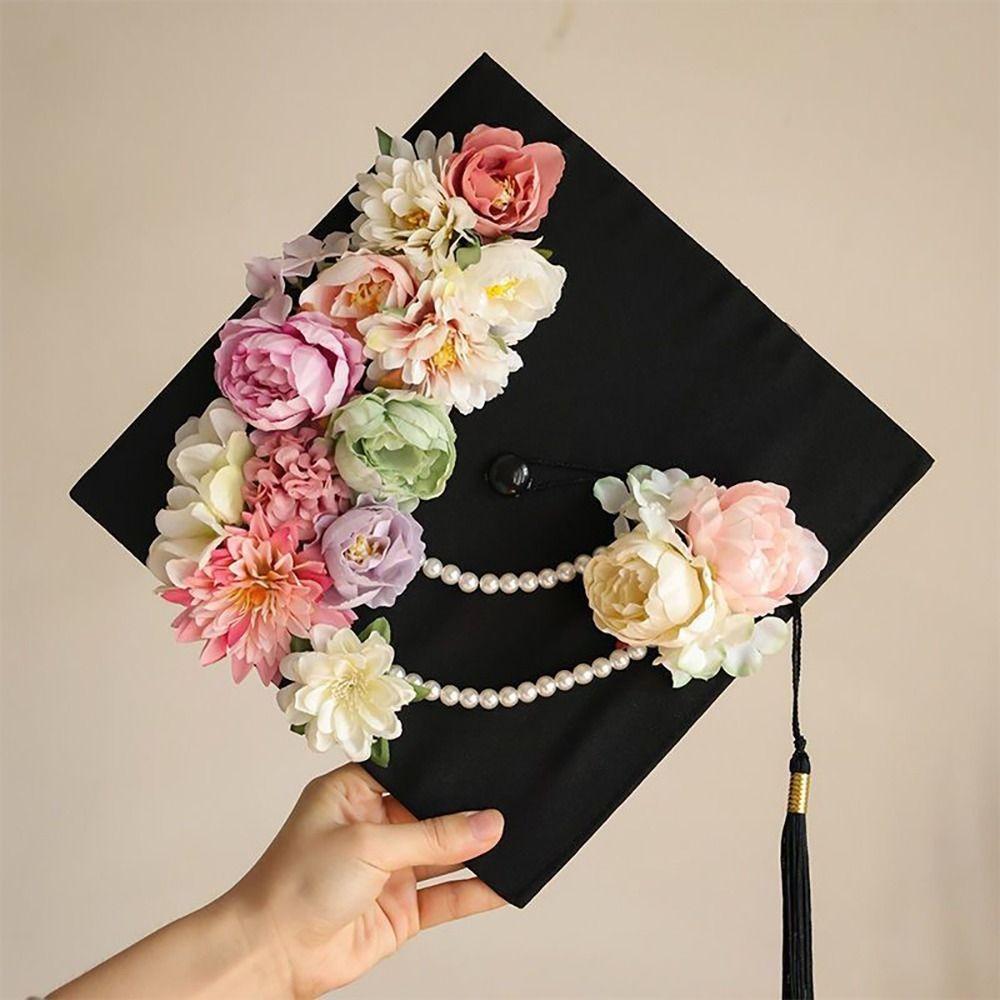 Master Academic Hat with Tassels Doctor Trencher Cap Flowers Graduation Cap Graduation Season