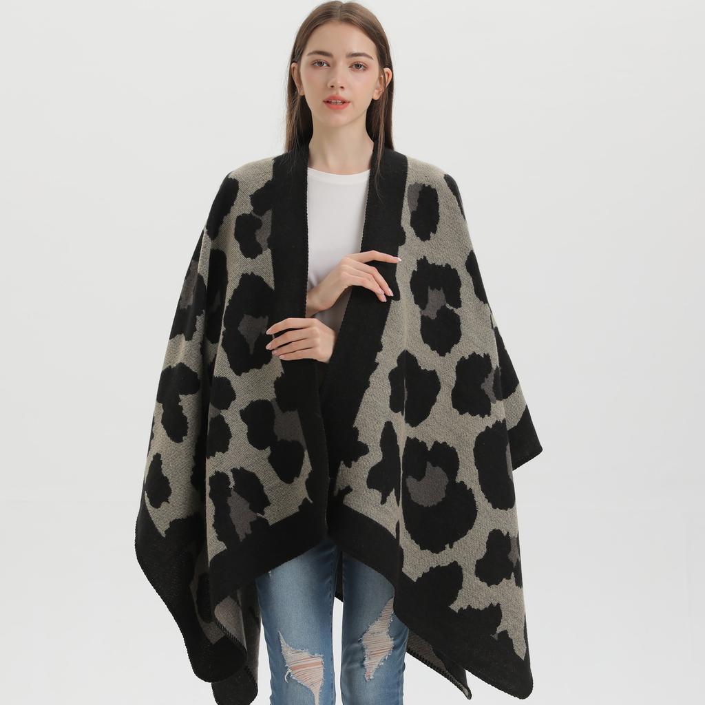 European and American Style Women's Scarf Fashion Leopard Shawl Autumn and Winter Pashmina Large Split Cape Thicken Warm Cloak