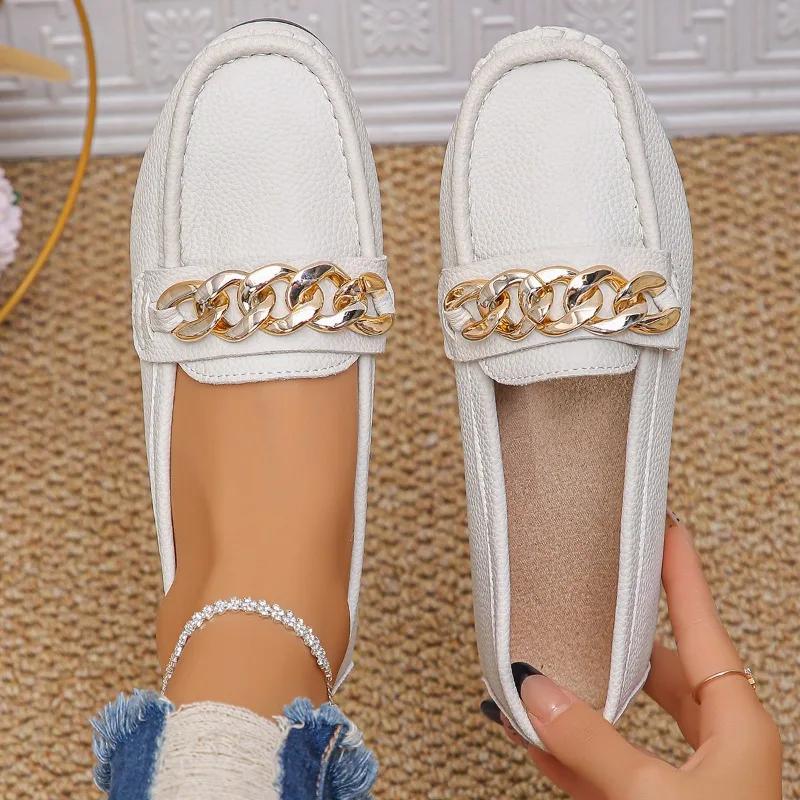 Women's Shoes 2024 Plus Size Slip On Women's Flats Casual Bean Flats Women The Chain Round Toe Outdoor Soft Bottom Ladies Shoes