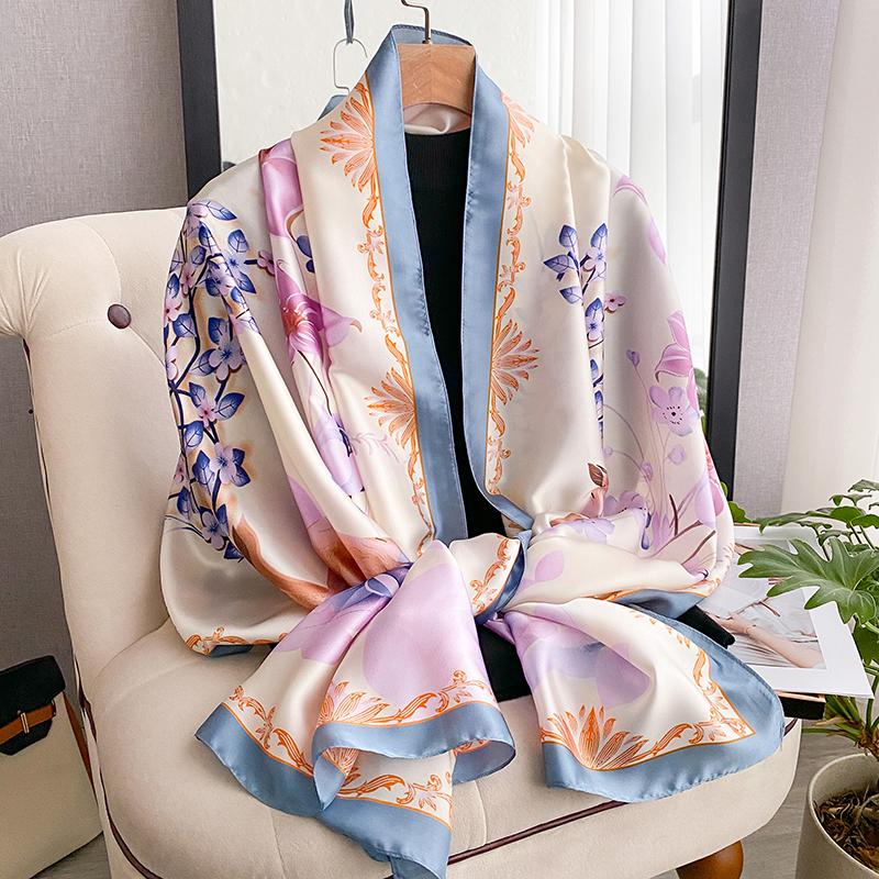 Luxury Satin Silk Scarf For Women New Print Shawls And Wraps Neckerchief Large Hijab Beach Stoles Headscarves Echarpe Bandana