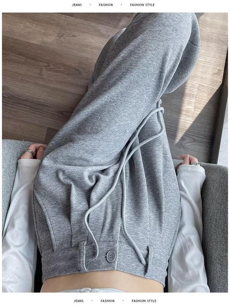 Женские серые спортивные брюки с высокой посадкой и широкими штанинами - Повседневная посадка на кулиске для осени и зимы