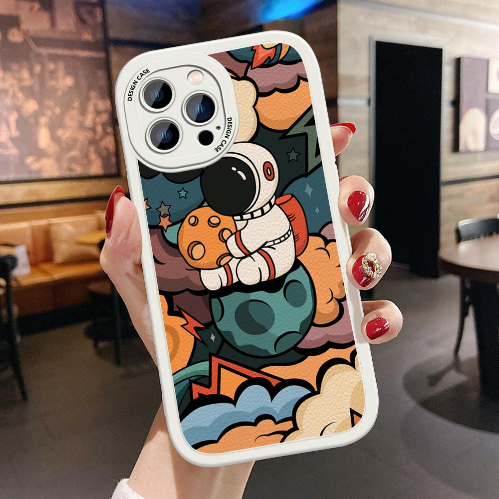 Slim Cartoon Astronaut Leather Back Casing PU Leather Cover Phone Case for OPPO Reno Realme OnePlus