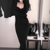 [] Маленькое черное платье вечернее платье с юбкой-свитером, облегающей бедра, с пальто, вязаное платье женское осенне-зимнее