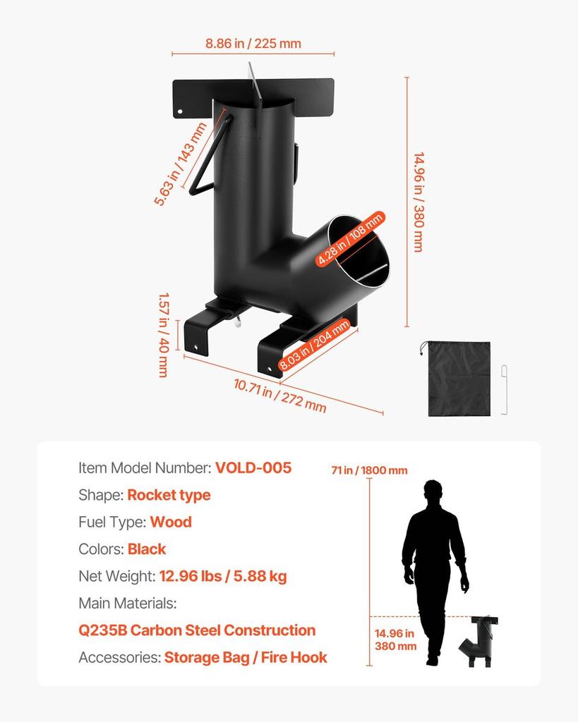 Camping Rocket Stove, Wood Burning Portable Rocket Stove with Carrying Bag for Backpacking, Carbon Steel, Burn Wood, Twigs or Sticks for Outdoor