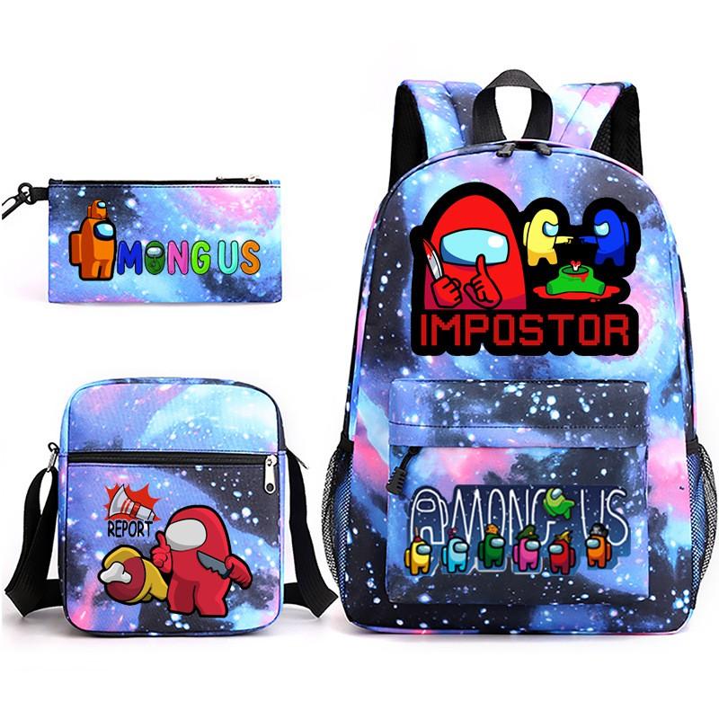 Among Us Cartoon Print Backpack Set Students 3-Piece Canvas School Travel Bag Street Style 20-35L Capacity