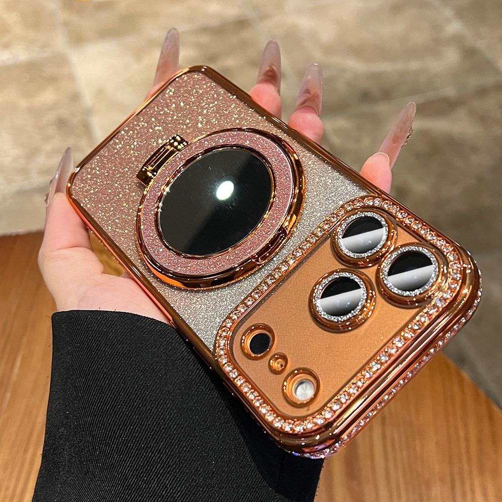 Gradient Glitter For Magsafe Magnetic Mirror Stand Holder Case For iPhone 13 14 15 16 17 Pro Max Bling Diamond Shockproof Cover