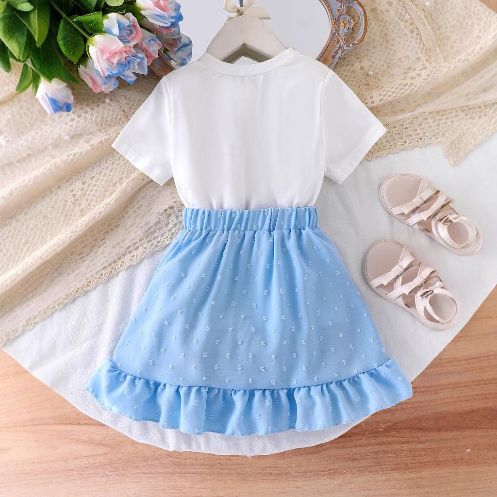 Повседневный костюм для девочек, летний детский модный комплект из двух предметов: футболка с короткими рукавами и юбка