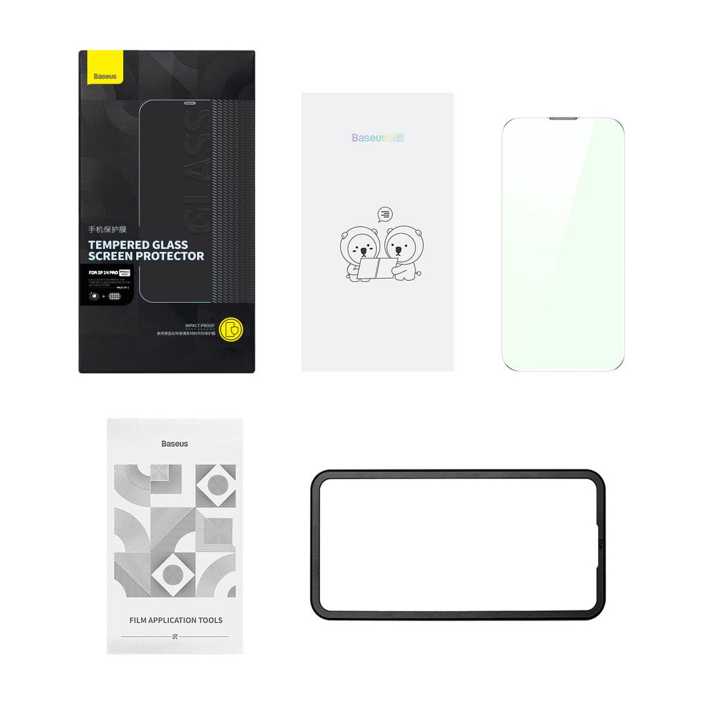 Baseus Full-Cover Tempered Glass for iPhone 14 Pro, 0.3mm, Anti-Blue Light & Speaker Guard, Easy Align Frame